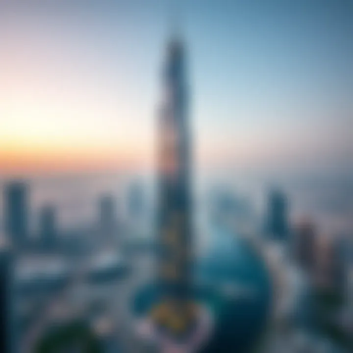 Aerial View of Al Nakheel Tower Aerial view of Al Nakheel Tower surrounded by Dubai's skyline, illustrating urban integration.