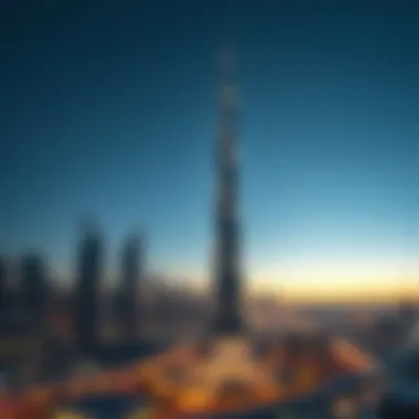 Panoramic skyline view including Al Saqran Tower at sunset