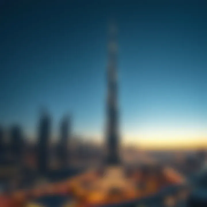 Panoramic skyline view including Al Saqran Tower at sunset