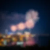 Spectacular view of fireworks lighting up the night sky over Blue Water Island