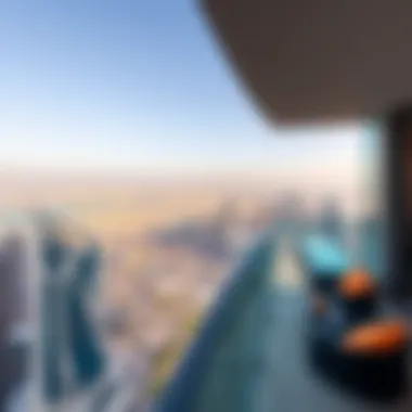 Panoramic view from a balcony in Burj Residences Tower 5, illustrating breathtaking cityscape.
