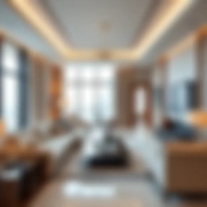 Modern living room interior design within a residence at Burj Tower 5.