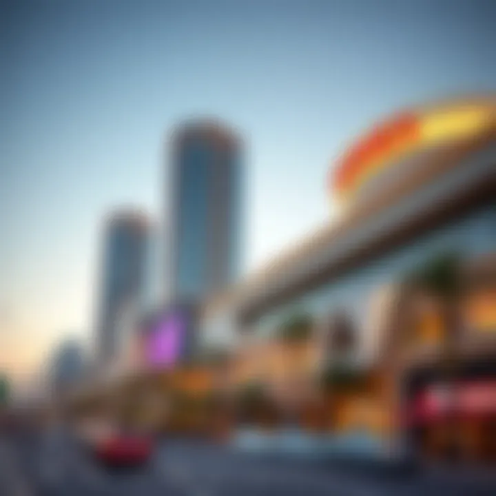 A vibrant commercial area with bustling activity and luxurious amenities