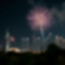 Celebratory fireworks illuminating the Dubai skyline during National Day.