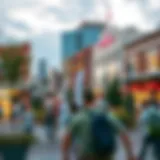 A vibrant town square featuring diverse community activities.