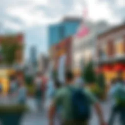 A vibrant town square featuring diverse community activities.