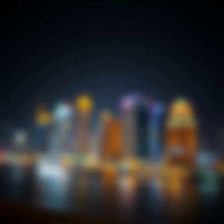 Nighttime skyline of Deira Island illuminated with city lights.