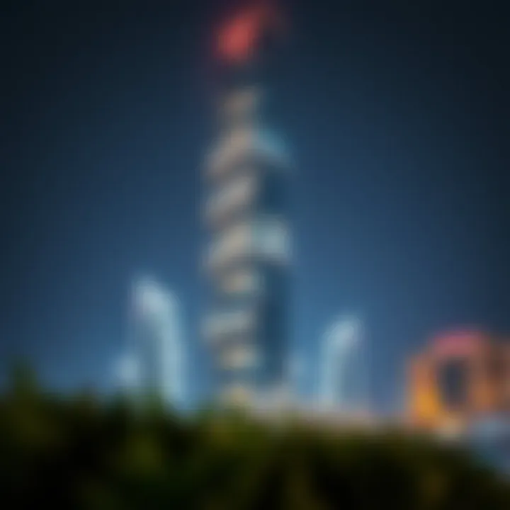 An artist's impression of Dubai Creek Tower illuminated at night, showcasing its grandeur and elegance.