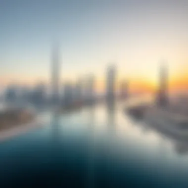 Panoramic shot of the Dubai skyline with the Water Canal in the foreground