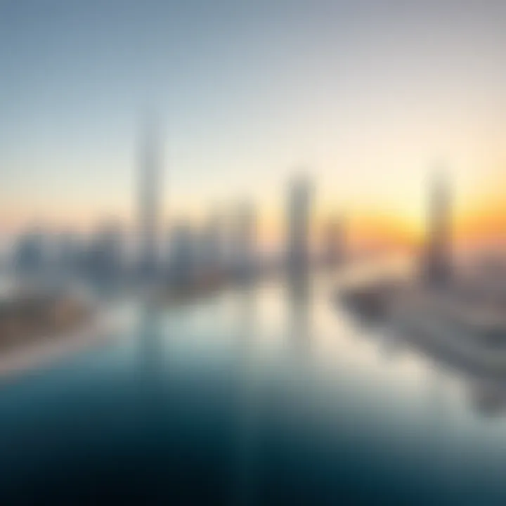 Panoramic shot of the Dubai skyline with the Water Canal in the foreground