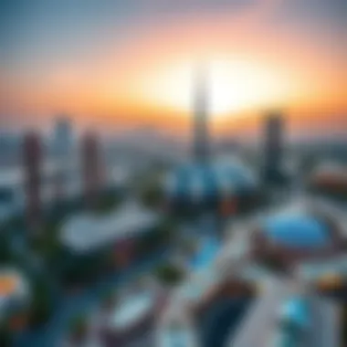 Aerial view of Dubai's skyline with Global Village in the foreground