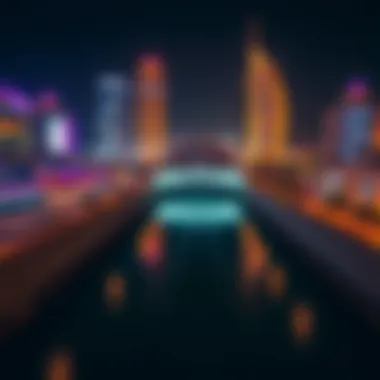 Night view of Dubai Water Canal illuminated with vibrant lights