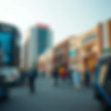 Vibrant commercial district in Al Hamra showcasing bustling activity