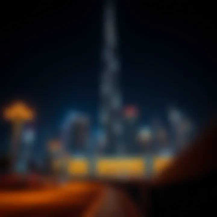 Night view of Al Yousifi Tower illuminated against the Dubai skyline