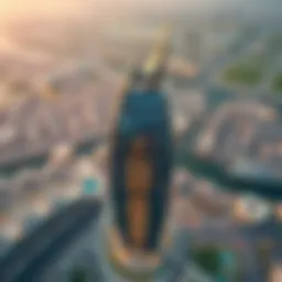 Aerial view of Amna Tower highlighting its unique architectural design