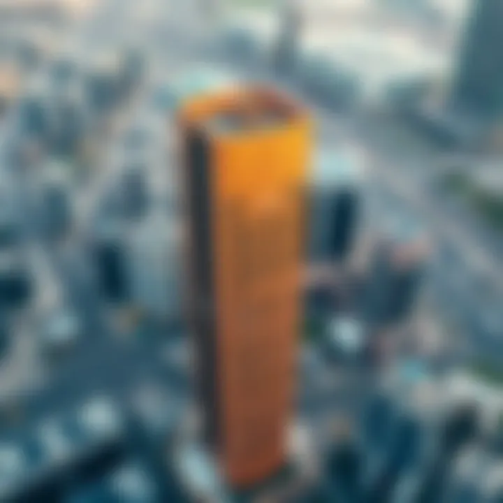 An aerial view of the Apricot Tower in its urban Dubai setting, highlighting its location