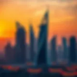 A stunning view of Aykon City Tower against the Dubai skyline at sunset.