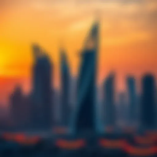 Aykon City Tower at Sunset A stunning view of Aykon City Tower against the Dubai skyline at sunset.