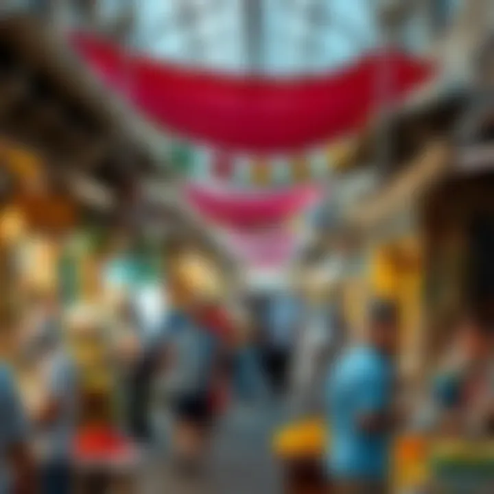 Bustling market scene with diverse stalls