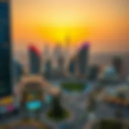 Panoramic view of Dubai Festival City skyline at sunset