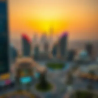 Panoramic view of Dubai Festival City skyline at sunset