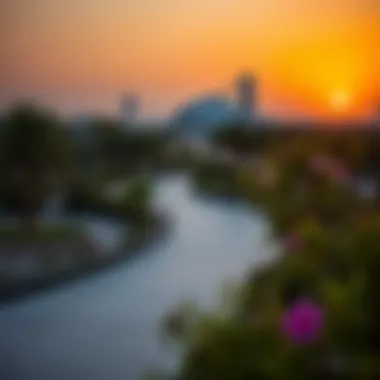 Sunset Over Dubai Creek Park A vibrant sunset view over the Dubai Creek Park with its lush landscapes