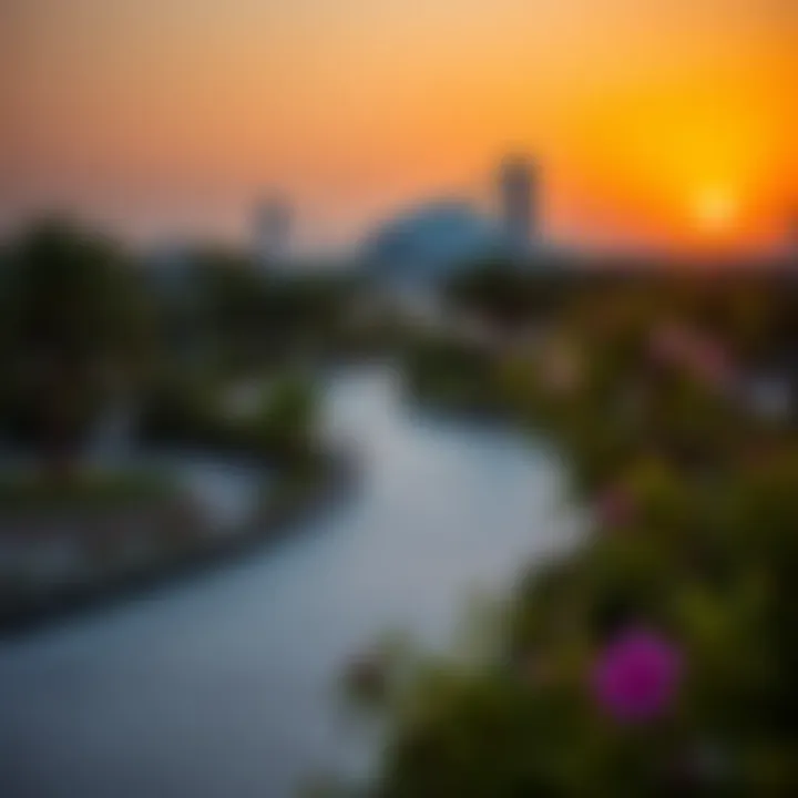 Sunset Over Dubai Creek Park A vibrant sunset view over the Dubai Creek Park with its lush landscapes