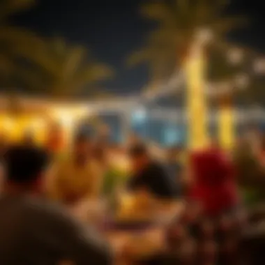 A vibrant community gathering enjoying iftar under the stars.