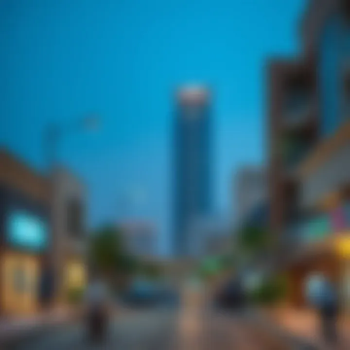 Vibrant neighborhood street in Dubai with local amenities and community spaces