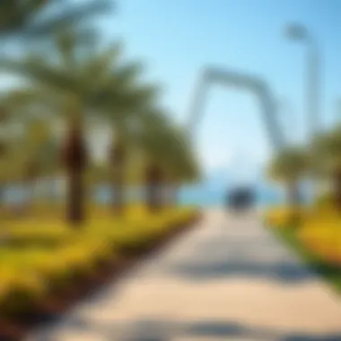 Scenic walking path in a park by the Dubai Frame