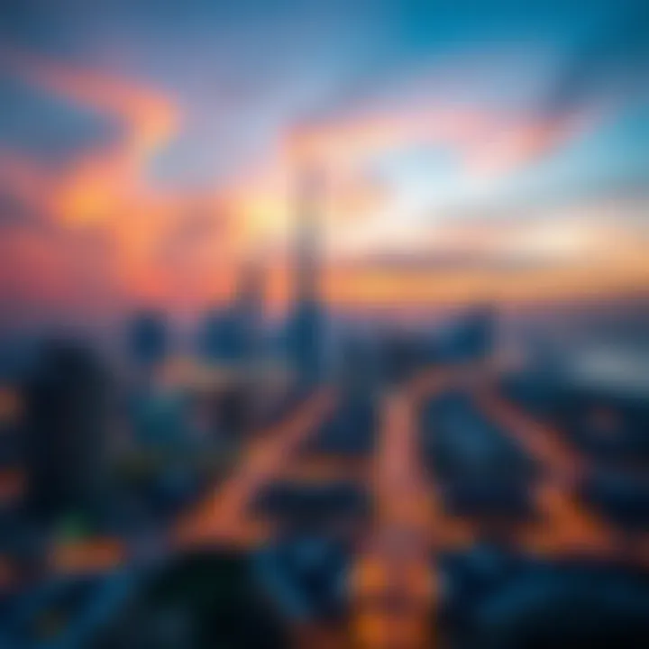 Panoramic view of Dubai skyline at sunset