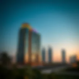 Stunning view of the Liwa Building at dusk illuminating the Dubai skyline