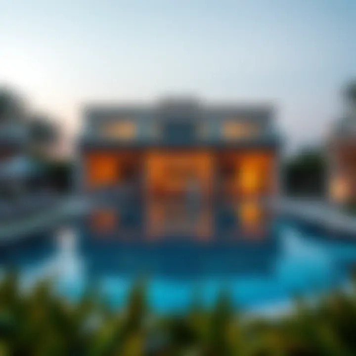 Luxurious pool area at Damac Fendi Villas surrounded by lush landscaping