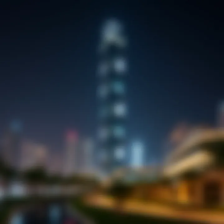 Nighttime illumination of Onyx Tower against the Dubai skyline.