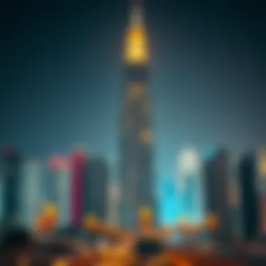 Nighttime View of the Torch Tower Nighttime view of Torch Tower illuminated against the Dubai skyline