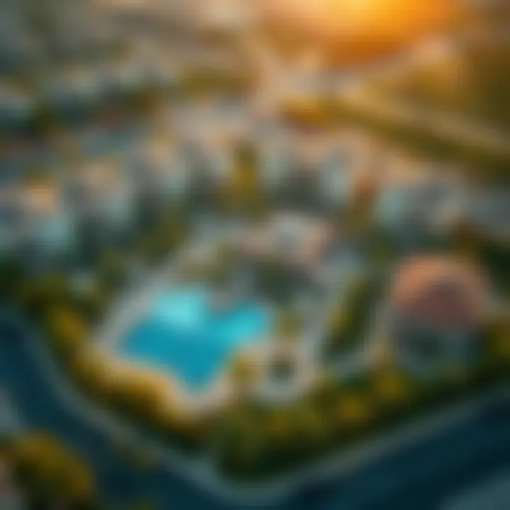 An aerial perspective highlighting the amenities within a gated community in Dubai