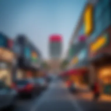 A bustling commercial area in Muwaileh featuring shops and cafes