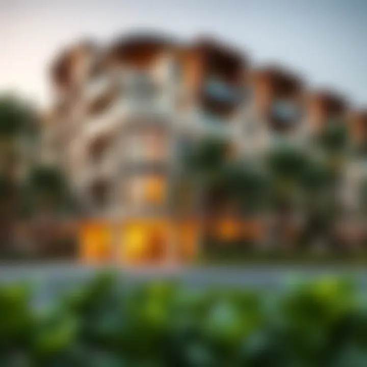 Luxurious residential building in Jumeirah Village Circle with landscaped surroundings