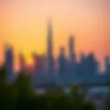Stunning skyline of Dubai featuring iconic sky towers under a sunset