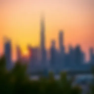 Stunning skyline of Dubai featuring iconic sky towers under a sunset