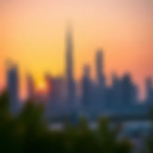 Dubai Skyline at Sunset Stunning skyline of Dubai featuring iconic sky towers under a sunset