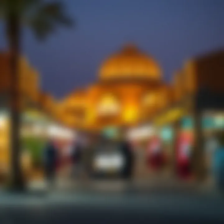 Night view of Souk Al Marfa illuminated with lights