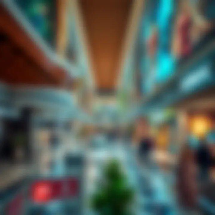 Interior layout of a bustling shopping mall with diverse retail options